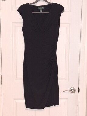 Lauren Ralph Lauren Black Cap Sleeve V-Neck Midi Sheath Dress - 6